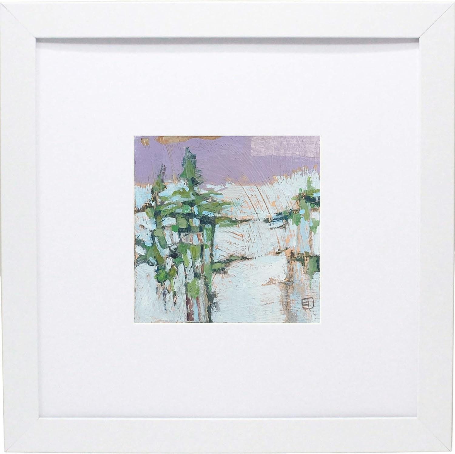 Small Landscape Painting, Small Original Art, Mini Abstract Painting, Green, Purple, white, OOAK art, Ready to Frame Art, 12x12 framed art