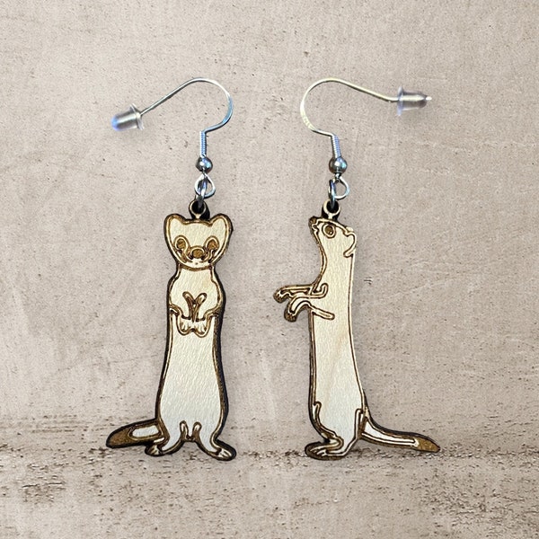 Charming Handmade Ferret Wood Earrings | Adorable Standing Design | Unique & Whimsical Accessories