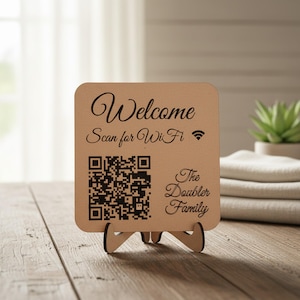 Custom WiFi QR Code Sign: Scan to Connect, MDF or Maple Wood shown in a professional product listing photo