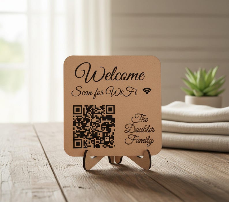 Custom WiFi QR Code Sign: Scan to Connect, MDF or Maple Wood shown in a professional product listing photo