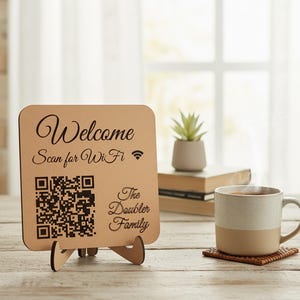 Custom WiFi QR Code Sign: Scan to Connect, MDF or Maple Wood shown in a professional product listing photo