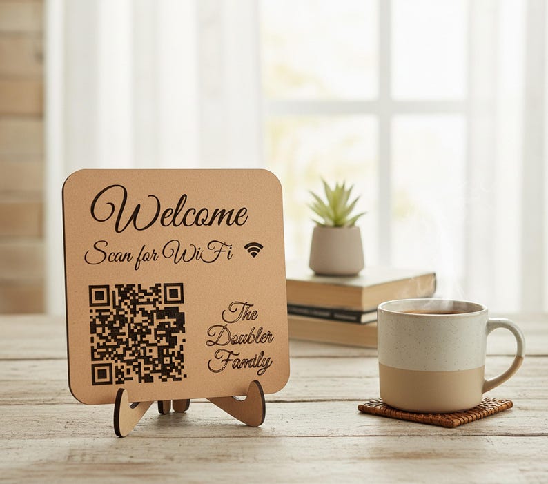 Custom WiFi QR Code Sign: Scan to Connect, MDF or Maple Wood shown in a professional product listing photo