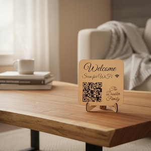 Custom WiFi QR Code Sign: Scan to Connect, MDF or Maple Wood shown in a professional product listing photo