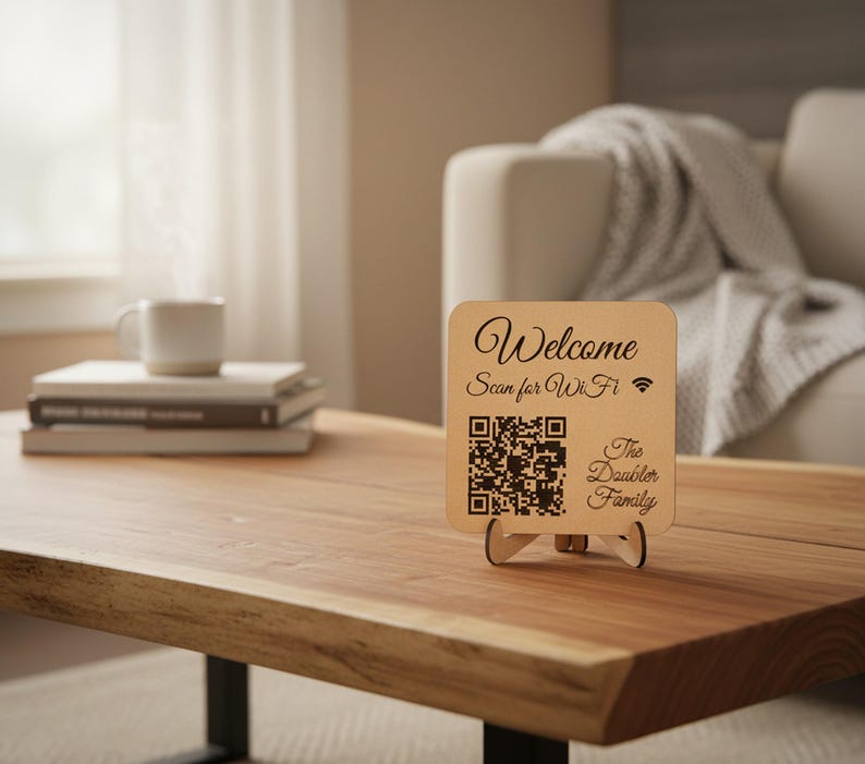 Custom WiFi QR Code Sign: Scan to Connect, MDF or Maple Wood shown in a professional product listing photo