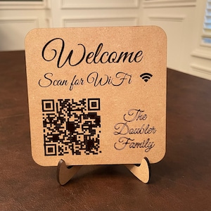 Create Your Own WiFi QR Code Sign with Stand – Custom Guest WiFi Password Display – Scan to Connect – MDF or Maple Wood– Party or Guest Room