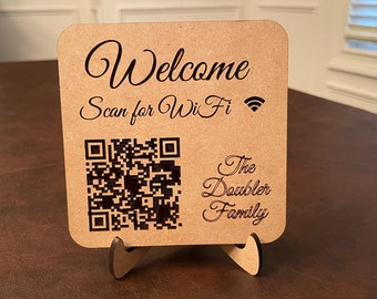 Create Your Own WiFi QR Code Sign with Stand – Custom Guest WiFi Password Display – Scan to Connect – MDF or Maple Wood– Party or Guest Room