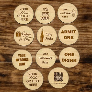 Custom Wood Tokens 1.5", Engraved with Your Logo or Text, Personalized 1 or 2-Sided Graphics - Unique Promotional Items & Gifts