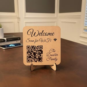 Custom WiFi QR Code Sign: Scan to Connect, MDF or Maple Wood shown in a professional product listing photo
