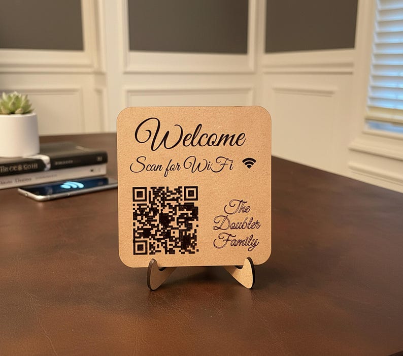 Custom WiFi QR Code Sign: Scan to Connect, MDF or Maple Wood shown in a professional product listing photo