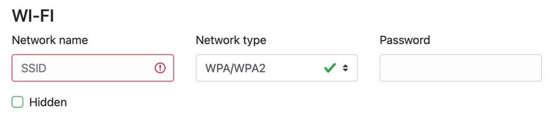 A screenshot of a Wi-Fi settings page with fields for "Network name," "Network type," and "Password"; "SSID" is entered in the network name field, and "WPA/WPA2" is selected for network type.