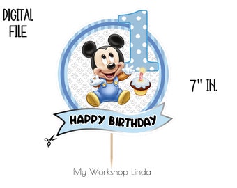 Digital feliz cumpleaños bebé Mickey Cake Topper- bebé Mickey cumpleaños - suministros de fiesta - cumpleaños de Mickey Mouse- descarga instantánea
