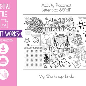 Cadeau de fête | Feuille d'activité Sonic Party | Napperon de fête | Anniversaire Sonic | Activité pour enfants | Coloriage Sonic | Articles de fête