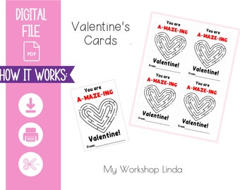 Printable Valentine's Day Tags/Valentine's School Favor Tags / Kids Valentine Card/Valentine Maze/DIY Valentine Card/ Instant Download