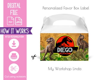 Personalized Jurassic Park favor box label, Jurassic Park Dinosaur Favor Box Label, Dinosaur label, Jurassic park party, T-Rex- Printable.