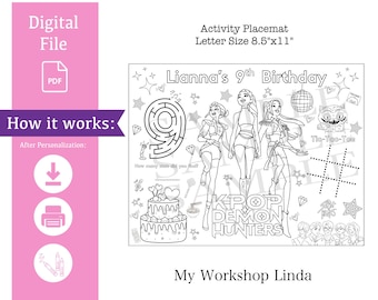 Printable KPOP Demon Hunters Party Activity Sheet | Party Placemat | Huntrix Birthday| Kids Activity| KPOP Coloring Sheet | Party Supplies