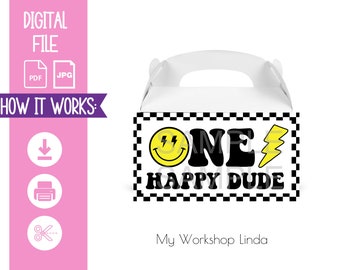 One Happy Dude Favor Box Label/Smiley face Gable Box Happy Birthday /Party Favors Labels/Party Decorations/INSTANT DOWNLOAD/1st Birthday Boy