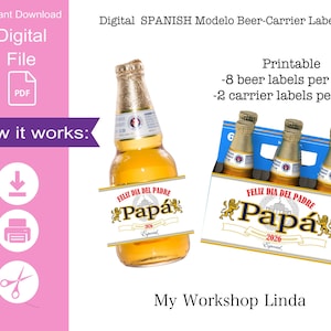 May include: Digital Modelo beer-carrier labels with "Feliz Dia Del Padre" text. The image shows a beer bottle with a label and a carrier with three bottles. The labels are printable and available for instant download.