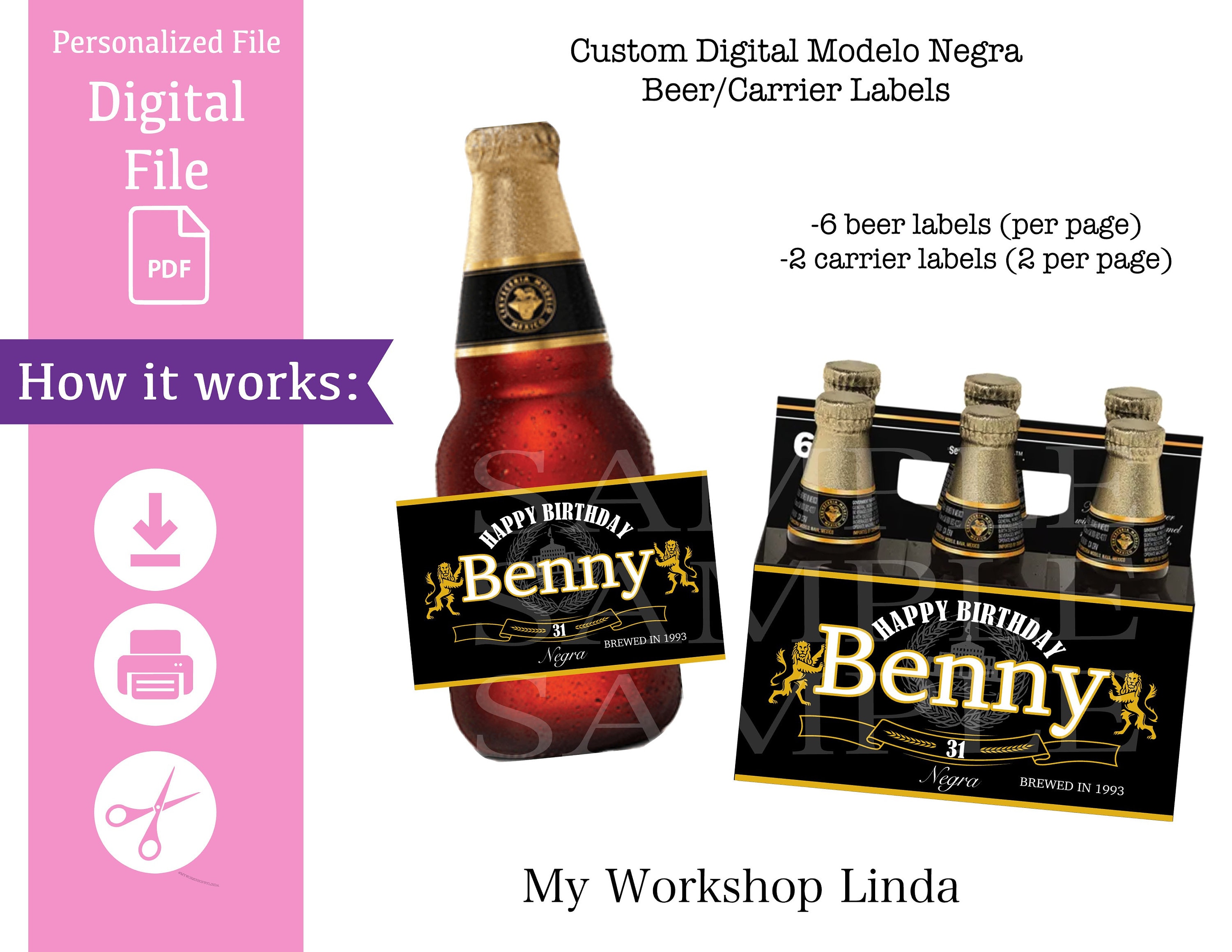 Digital Personalized Modelo Negra 6 pack Beer Carrier and bottles Printable -Carrier Label-Beer Label- Anniversary Gift-Father's day-Mens