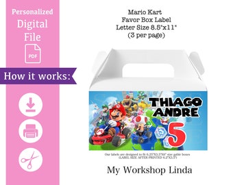 Personalized Mario Kart Favor Box Label, Favor Box Label, Super Mario Label, Kids Party, Mario Bros. Party Printable