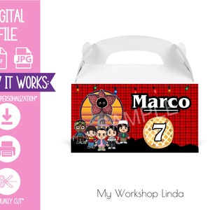 Etiqueta personalizada de caja de favores de Cartoon Stranger Thing, etiqueta de caja de favores de Stranger Things, etiqueta Eleven, linda fiesta de Stanger Things imprimible
