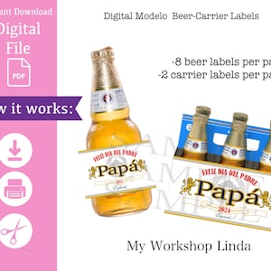 2025 INSTANT DOWNLOAD SPANISH Father's Day Digital Modelo 6 pack Beer Carrier and bottles Printable Labels -Dia de los padres