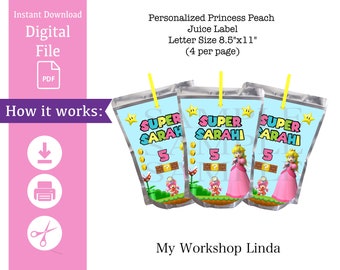 Peut inclure: Etiquettes imprimables pour boîtes de jus sur le thème de la princesse Peach. Les étiquettes sont conçues pour du papier de 8,5 x 11 pouces et comprennent le texte "Super Sarahi" avec le numéro 5 et une image de dessin animé de la princesse Peach.