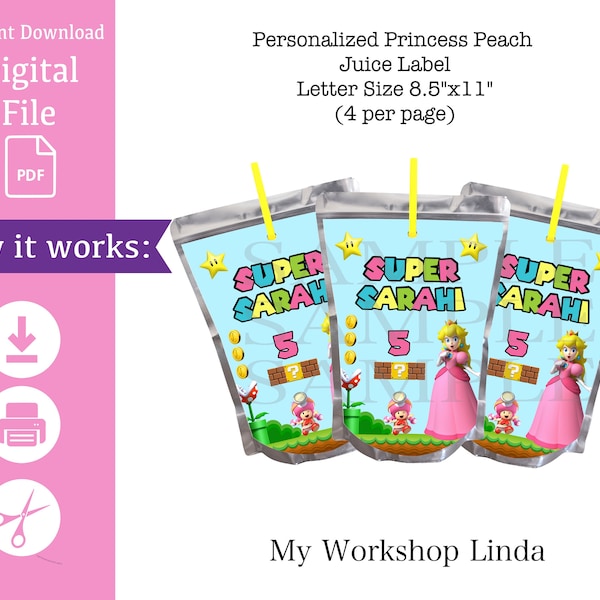 Personalized Princess Peach Juice Label/Capri Sun Label/Birthday Party Printable/Treats/Digital Printable Favors/Party Decorations/ Favors