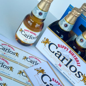 May include: A six-pack of beer with personalised labels that say "Happy Birthday Carlos 36 Special Brewed in 1988".