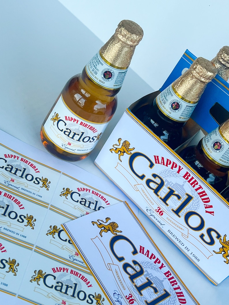 May include: A six-pack of beer with personalised labels that say "Happy Birthday Carlos 36 Special Brewed in 1988".