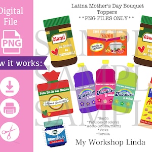 PNG Latina Mom Bouquet Toppers/Mama tu saxon es unico/Fabulosa/Mama Guerrera/ VapoRub Mom/Instant Download PNG/Abuela Latina/Mother's Day