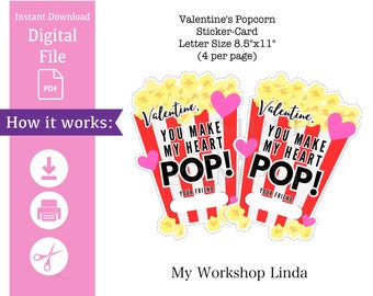 Instant Download Valentine's Popcorn Stickers, Valentine's Day Stickers, Pop Valentines Labels, School Favors, School Treats, Popcorn Tag