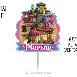 May include: 6.5 inch digital cake topper featuring a colourful illustration of a house with a pink, purple and blue banner that says "Marena".