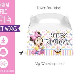 Digital Baby Minnie Mouse Happy Birthday Gable Box Label-Baby Birthday-Minnie Party-Party Favors Labels-DIGITAL ONLY