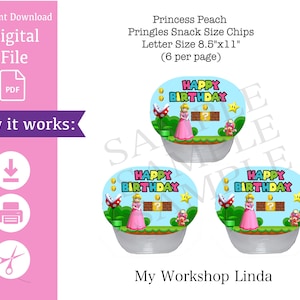 May include: Printable digital file for six Princess Peach themed birthday party favor labels. The labels feature a cartoon image of Princess Peach from the Super Mario Bros. video game series. The labels are designed to fit Pringles snack size chips and are 8.5 inches by 11 inches.