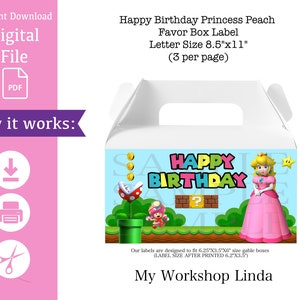 Princess Peach Favor Box Label/Princess Gable Box Happy Birthday /Party Favors Labels/Party Decorations/INSTANT DOWNLOAD/Girl Birthday Party