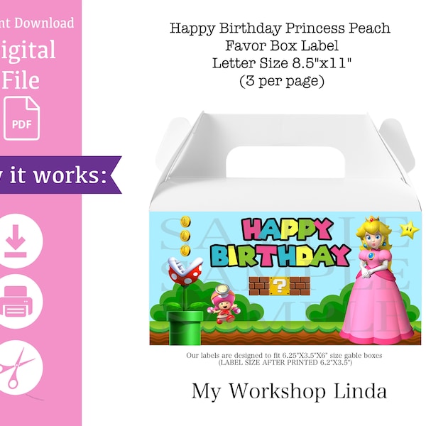 Princess Peach Favor Box Label/Princess Gable Box Happy Birthday /Party Favors Labels/Party Decorations/INSTANT DOWNLOAD/Girl Birthday Party