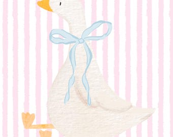 May include: A white goose with a blue bow sitting on a pink and white striped background.