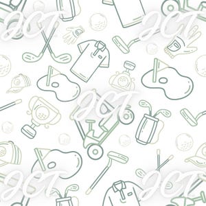 May include: A white background with a repeating pattern of golf-related illustrations in shades of green. The design includes golf clubs, golf balls, golf carts, golf shirts, and golf course elements. The word "OCT" is overlaid in white.