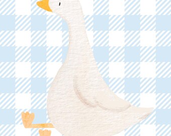 May include: A white goose with an orange beak sitting on a blue and white gingham background.