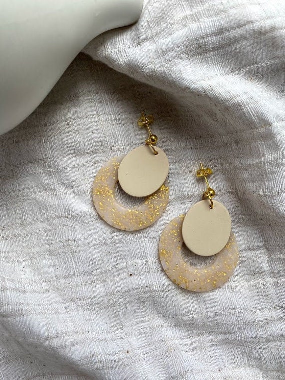 Clay earrings modern jewelry polymer clay earrings lightweight gold leaf handmade statement earrings
