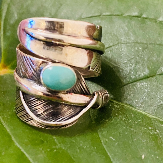 Sterling Silver Feather Wrap Turquoise Ring Adjustable Feather