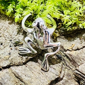 May include: A silver frog charm with a detailed design. The charm is sitting on a piece of bark covered in moss.