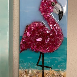 Pink Flamingo 12x6 wood cradle glass and resin