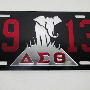 Delta Sigma Theta- Black Elephant License Plate Black Background Red Letters Mirror Elephant
