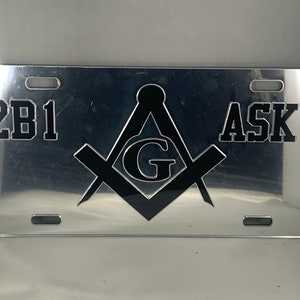 Mason Emblem 2B1/Ask1 License Plate Mirror Background Black Letters