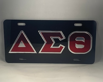 Delta Sigma Theta-License Plate Black Background Red Letters Mirror Outlining LICENSE PLATE