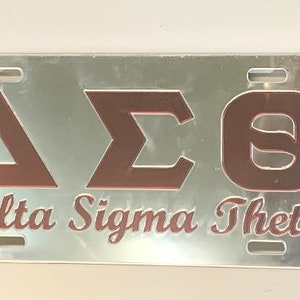DST- Delta Sigma Theta Script License Plate Silver Background Red Letters LICENSE PLATE
