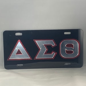 Delta Sigma Theta-License Plate Black Background Mirror Letters Red Outlining