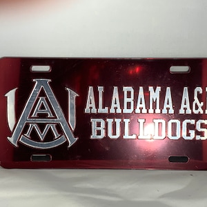 Alabama A&M Bulldogs- License Plate w/ Emblem Maroon Background Mirror Letters