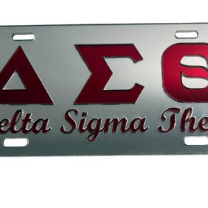 DST- Delta Sigma Theta Script License Plate Silver Background Red Letters LICENSE PLATE
